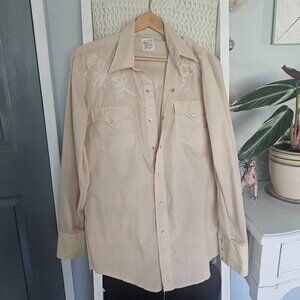 Vintage 1950s Western Fashions Pearl Snap Shirt | Cream Embroidered Cowboy Top
